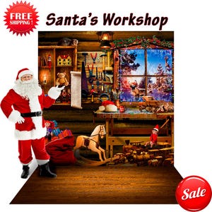 Santa&#39;s Workshop Photography Backdrop: Christmas Toys, Elves, North Pole