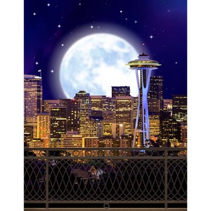 Seattle Skyline at Night Photo Backdrop, Space Needle With Full Moon ...