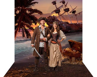 Shipwreck Sunset Beach Photo Fabric Backdrop, Pirate Party Decor