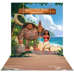 Moana Birthday Party Backdrop with Moana and Maui on a tropical beach