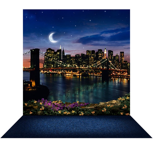 New York Brooklyn Bridge at Night Photo Backdrop, Manhattan in the Distance with crescent moon and starry night sky background