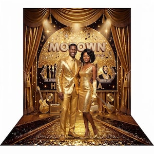 May include: A couple in gold sequined attire stands on a stage with a Motown Records backdrop. The man wears a gold suit and tie, while the woman dons a gold dress and gloves. Guitars and records are visible, with the text "Motown Records" prominently displayed.