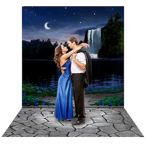 Enchanted Waterfall Backdrop, Rain Forest Photo Backdrop, Party, Dance Background with moon, stars, lake, Photography Backdrop