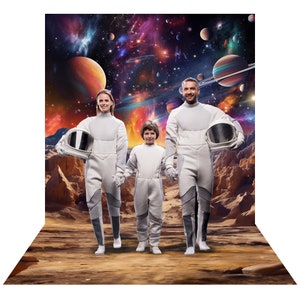 May include: A family of three dressed in white astronaut suits stand on a red and brown rocky surface. The background is a colorful space scene with planets, stars, and nebulae.
