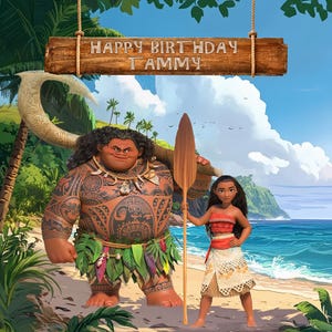 Moana Birthday Party Backdrop with Moana and Maui on a tropical beach