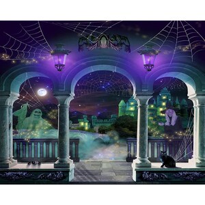 A horizontal view of the Halloween photo backdrop featuring a stone balcony, arches, purple lanterns, a glowing castle, and spooky silhouettes.