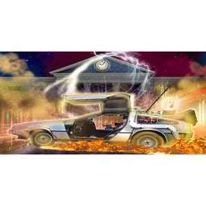 May include: A silver DeLorean time machine with the doors open, driving through a fiery portal in front of a building with a clock tower. The time machine is surrounded by smoke and fire.