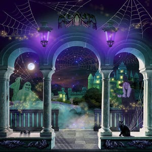 A detailed close-up of the Halloween backdrop design, showing stone arches, hanging purple lanterns, a glowing green castle, a ghost, a witch, and a black cat.