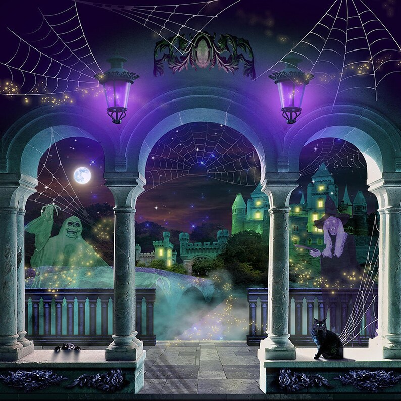 A detailed close-up of the Halloween backdrop design, showing stone arches, hanging purple lanterns, a glowing green castle, a ghost, a witch, and a black cat.
