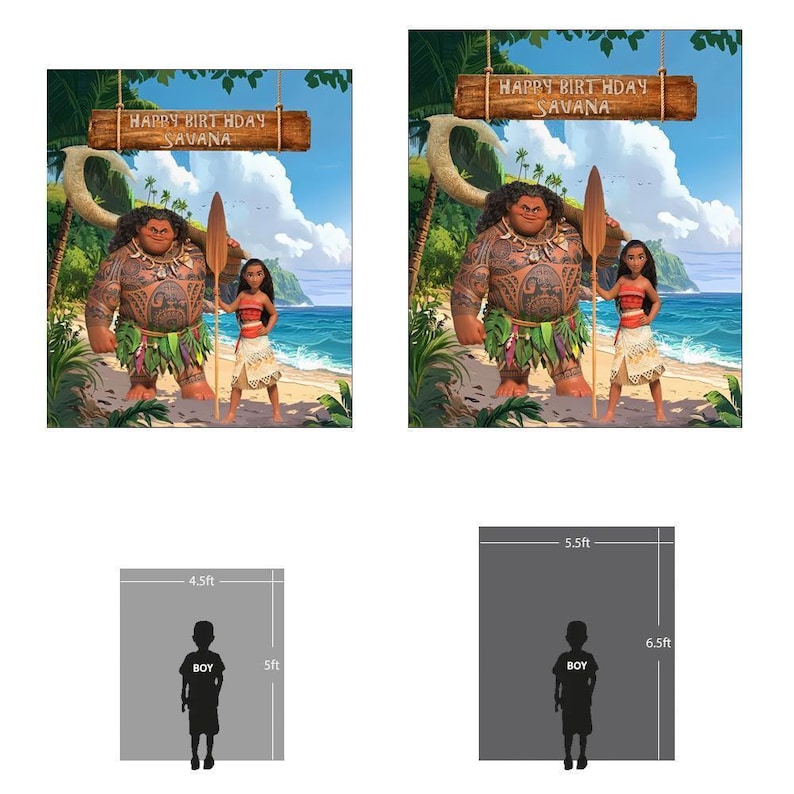 Moana Birthday Party Backdrop with Moana and Maui on a tropical beach