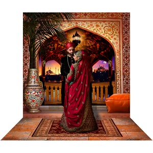 Decoração de festa de formatura árabe Aladdin e Jasmine, cabine de fotos, cenário para dança do pôr do sol marroquina, por Alba Backgrounds
