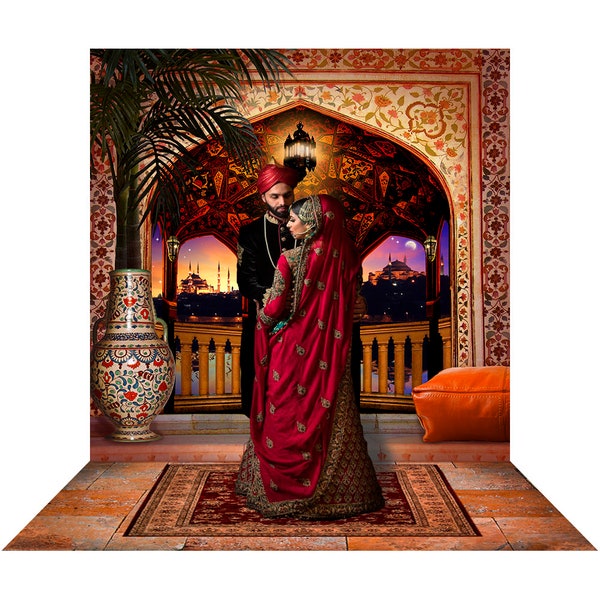 Sfondo fotografico "Le mille e una notte", Aladino e Jasmine, danza al tramonto in Marocco