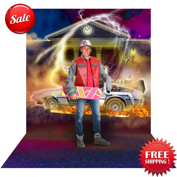 Back to the Future Backdrop:  DeLorean Hoverboard Fabric Background, 80s Party Decor