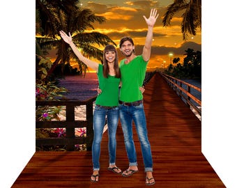 Tropical Boardwalk Backdrop, Sunset Banner, Event, Party, Fabric Photo Booth Prop Background