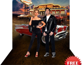 50s Diner Backdrop, Grease, Happy Days, Riverdale Theme, Sockhop, 57 Red Chevy, Prom, Dance Party Photo Booth prop, Photo Backdrop