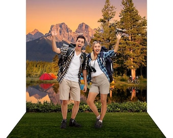 Camping Lakeside Backdrop, Outdoor Decor, Fabric Photography Background