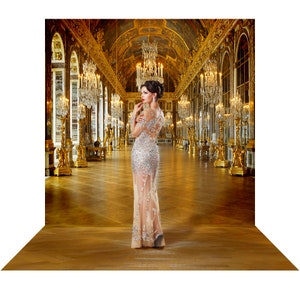 Versailles Chandelier Hall Ballroom Backdrop, a Gold Palace Interior Backdrop, Prom Decor, a Mansion,or Ballroom Party Decoration