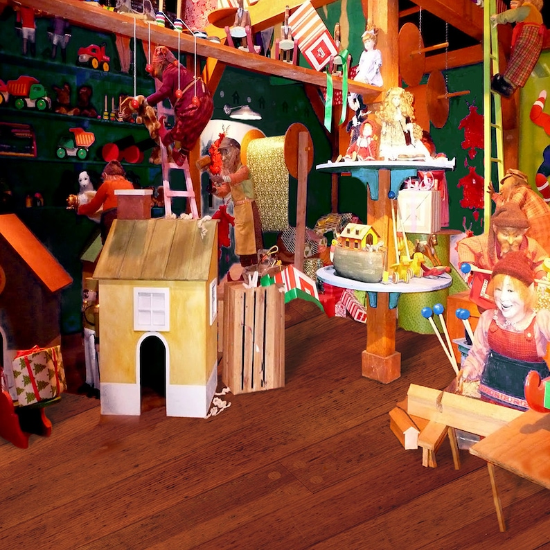 A Christmas Photo Backdrop An Elf and Santa Backdrop at the North Pole Backdrop Santa/'s Workshop Backdrop with Christmas Toys