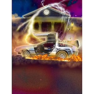 May include: A silver DeLorean time machine with the doors open, flying through the air with flames coming from the bottom. The car is in front of a building with a clock tower and lightning strikes in the background.