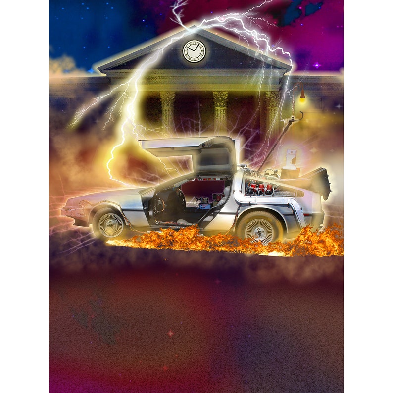 May include: A silver DeLorean time machine with the doors open, flying through the air with flames coming from the bottom. The car is in front of a building with a clock tower and lightning strikes in the background.