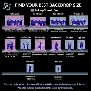 May include: A chart showing different backdrop sizes for photography, with a pink rectangle highlighting the backdrop sizes that include floors. The chart shows different sizes of backdrops with and without floors, with the text "Find Your Best Backdrop Size" at the top.