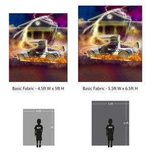 May include: A digital backdrop featuring a silver DeLorean time machine with flames coming from the wheels, a clock tower, and lightning bolts. The backdrop is available in two sizes: 4.5 feet wide by 5 feet high and 5.5 feet wide by 6.5 feet high.