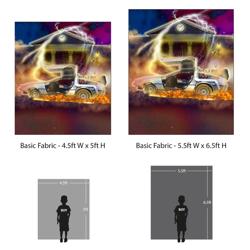 May include: A digital backdrop featuring a silver DeLorean time machine with flames coming from the wheels, a clock tower, and lightning bolts. The backdrop is available in two sizes: 4.5 feet wide by 5 feet high and 5.5 feet wide by 6.5 feet high.