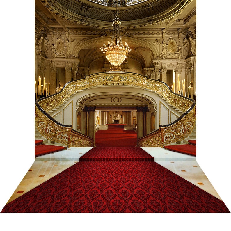 Red Carpet Double Staircase Backdrop a Party Decor Photo Backdrop A Royal Castle Interior Backdrop of Palace Chandeliers and Red Carpets