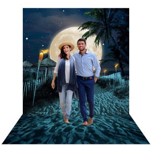 Beach Luau Backdrop, a Tropical Moondance in the Sand, for a Cruise Photo Background, a Beach Party with Palm Trees, and a Full Moon