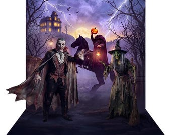 Sleepy Hollow Headless Horseman Halloween Backdrop, Fabric Photo Background