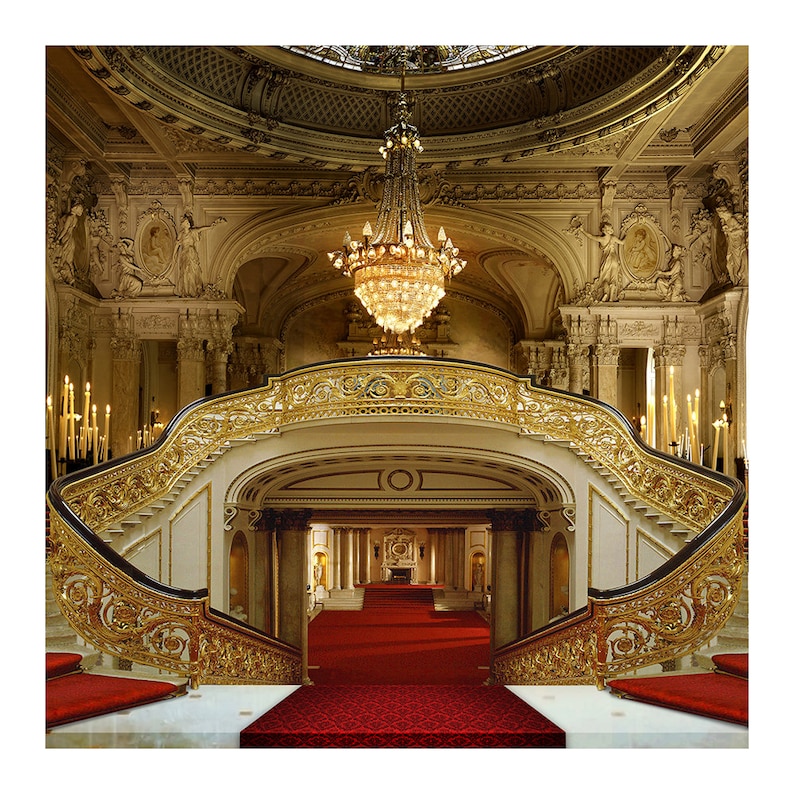 Red Carpet Double Staircase Backdrop a Party Decor Photo Backdrop A Royal Castle Interior Backdrop of Palace Chandeliers and Red Carpets