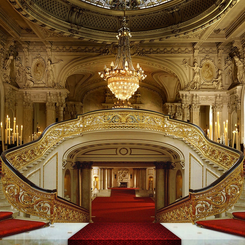 Red Carpet Double Staircase Backdrop a Party Decor Photo Backdrop A Royal Castle Interior Backdrop of Palace Chandeliers and Red Carpets