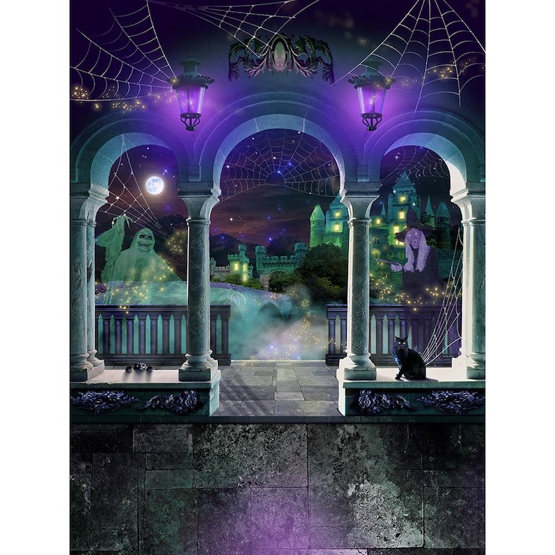 May include: A Halloween-themed backdrop featuring a stone archway with glowing lanterns, spiderwebs, and a full moon. The scene includes a ghostly figure, a witch, a black cat, and a distant castle illuminated in green against a dark purple sky.