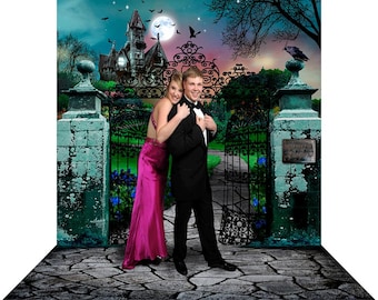 Haunted House Backdrop, Spooky Entrance, Halloween Decor, Fabric Photo Background