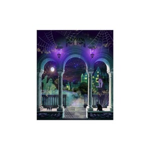 A miniature square preview of the Halloween castle and stone balcony backdrop.