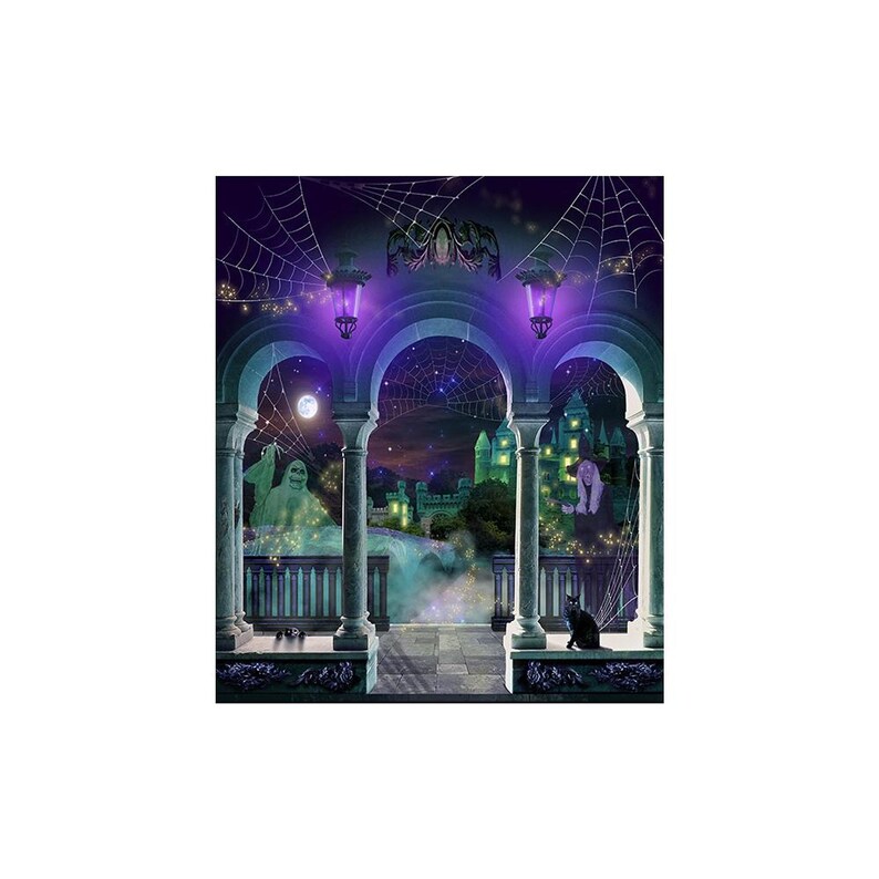 A miniature square preview of the Halloween castle and stone balcony backdrop.