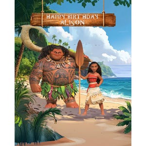 Moana Birthday Party Backdrop with Moana and Maui on a tropical beach