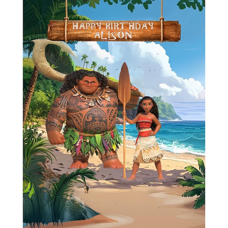 Moana Birthday Party Backdrop with Moana and Maui on a tropical beach