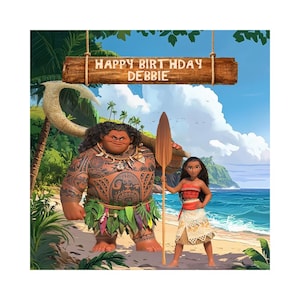 Moana Birthday Party Backdrop with Moana and Maui on a tropical beach