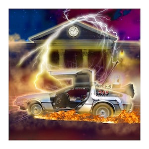 May include: A silver DeLorean time machine with the doors open, driving through a fiery portal. The car is surrounded by flames and lightning bolts. In the background, a building with a clock tower and columns is visible.