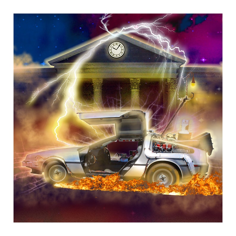 May include: A silver DeLorean time machine with the doors open, driving through a fiery portal. The car is surrounded by flames and lightning bolts. In the background, a building with a clock tower and columns is visible.