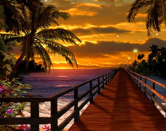 Tropical Sunset Beach Boardwalk Backdrop: 8ft x 8ft Party Banner