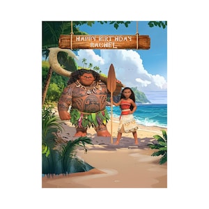 Moana Birthday Party Backdrop with Moana and Maui on a tropical beach