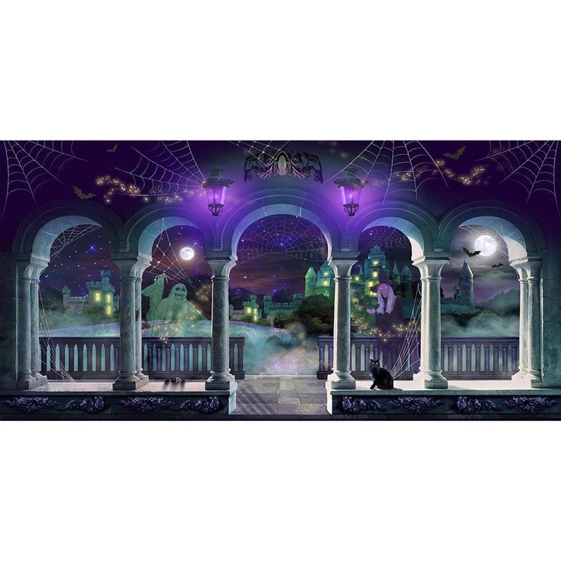 A wide banner version of the Halloween backdrop featuring four stone arches, multiple glowing castles, and extensive cobwebs.