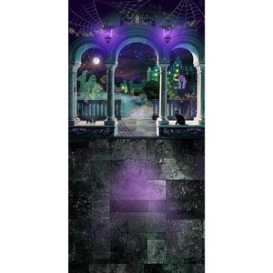 A vertical Halloween backdrop showing a stone floor in the foreground and a balcony with arches, a glowing green castle, spiderwebs, and spooky figures in the background.