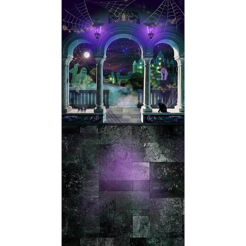 A vertical Halloween backdrop showing a stone floor in the foreground and a balcony with arches, a glowing green castle, spiderwebs, and spooky figures in the background.