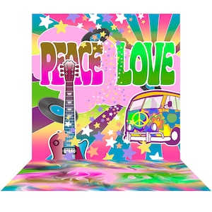 Hippy 60s Flower Power Photo Backdrop, 60s Dance Party Decor, Prom Theme Memorabilia of the era for a Dance, Event, Venue, Gala, Fundraiser