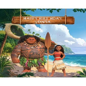 Moana Birthday Party Backdrop with Moana and Maui on a tropical beach