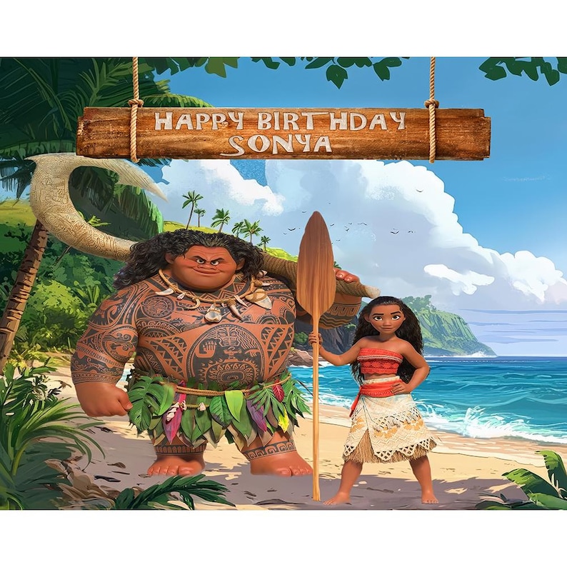 Moana Birthday Party Backdrop with Moana and Maui on a tropical beach