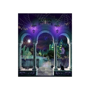 A smaller square view of the Halloween backdrop with stone arches, a glowing green castle, and a full moon in a starry purple night sky.